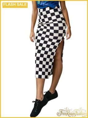 High Waist Checkered Midi Skirt with Slit Bodycon Summer Skirt